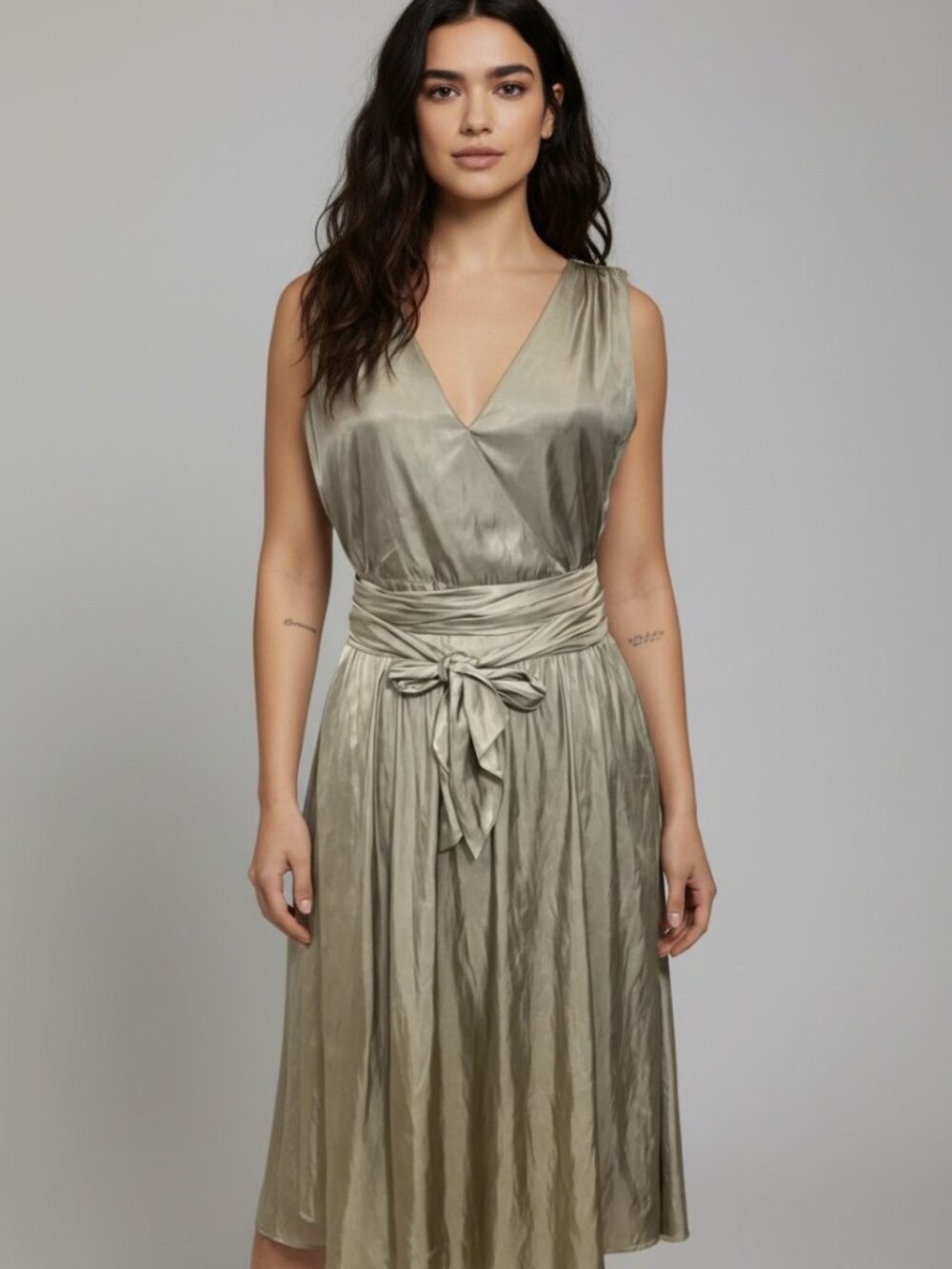 Caroline Biss Satin Wrap Dress 36 US 4 Olive Midi Tie Waist Cocktail Minimalist
